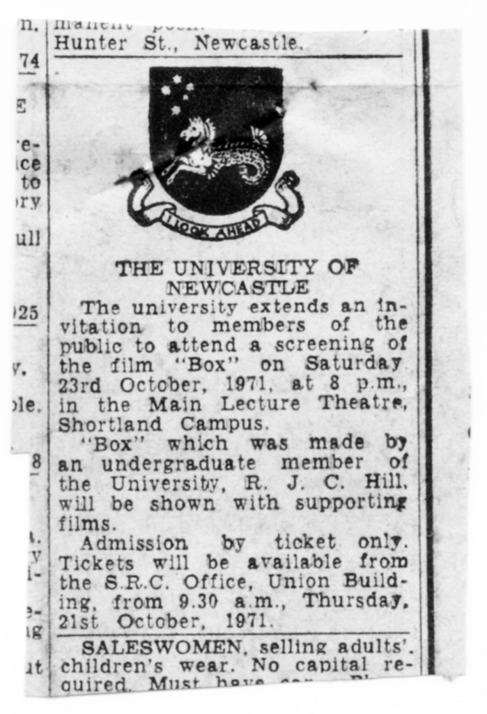 Public Invitation to attend screening of "BOX" at the University of Newcastle 23 October 1971 at 8pm from NMH October 1971. (Courtesy of Mr Bob Hill)