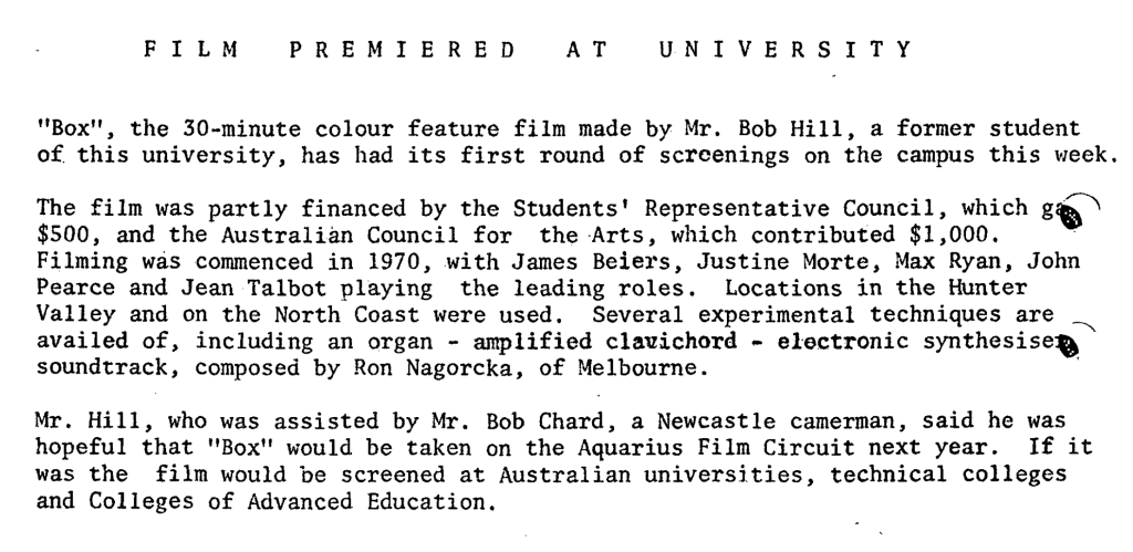 BOX Premiere at the University of Newcastle October 1971. From The University News, The University of Newcastle, No. 28, 28 October 1971 (p.4)