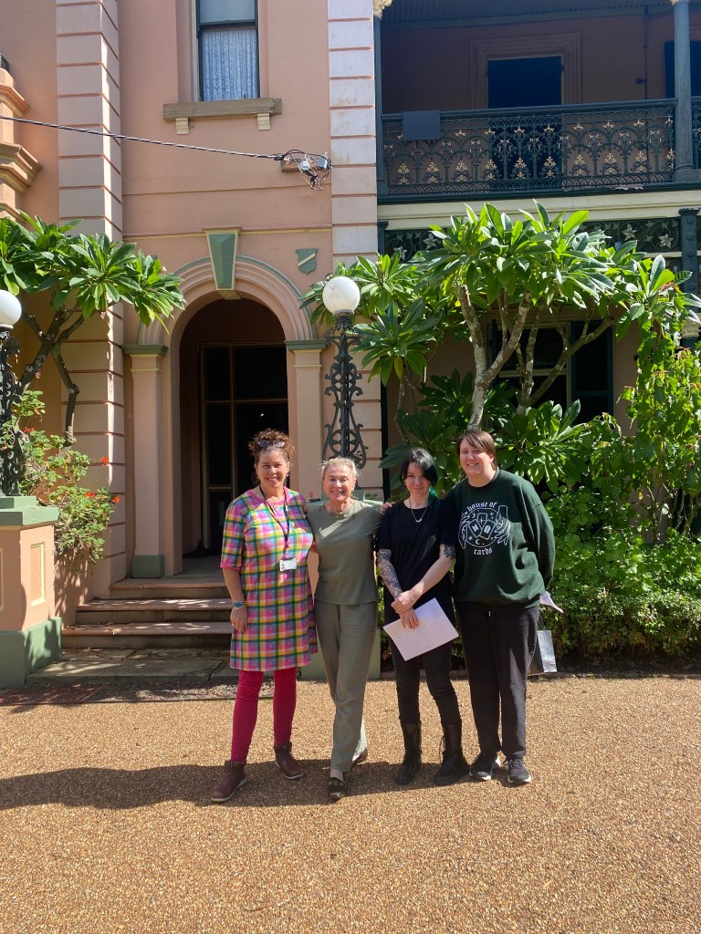 (L to R) Clare James (Maitland Council), Catherine Blanch (home owner), Erica Wright (Vera Deacon Intern), and Alex Hunter (UON placement student) visit Cintra House, Maitland. May 2025