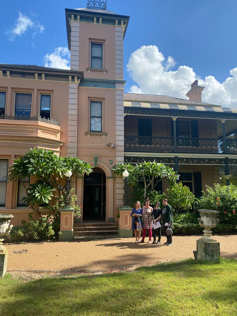 (L to R) Ann Hardy (UON Library), Clare James (Maitland Council), Erica Wright (Vera Deacon Intern), Alex Hunter (UON student) visit Cintra House, Maitland. May 2025.
