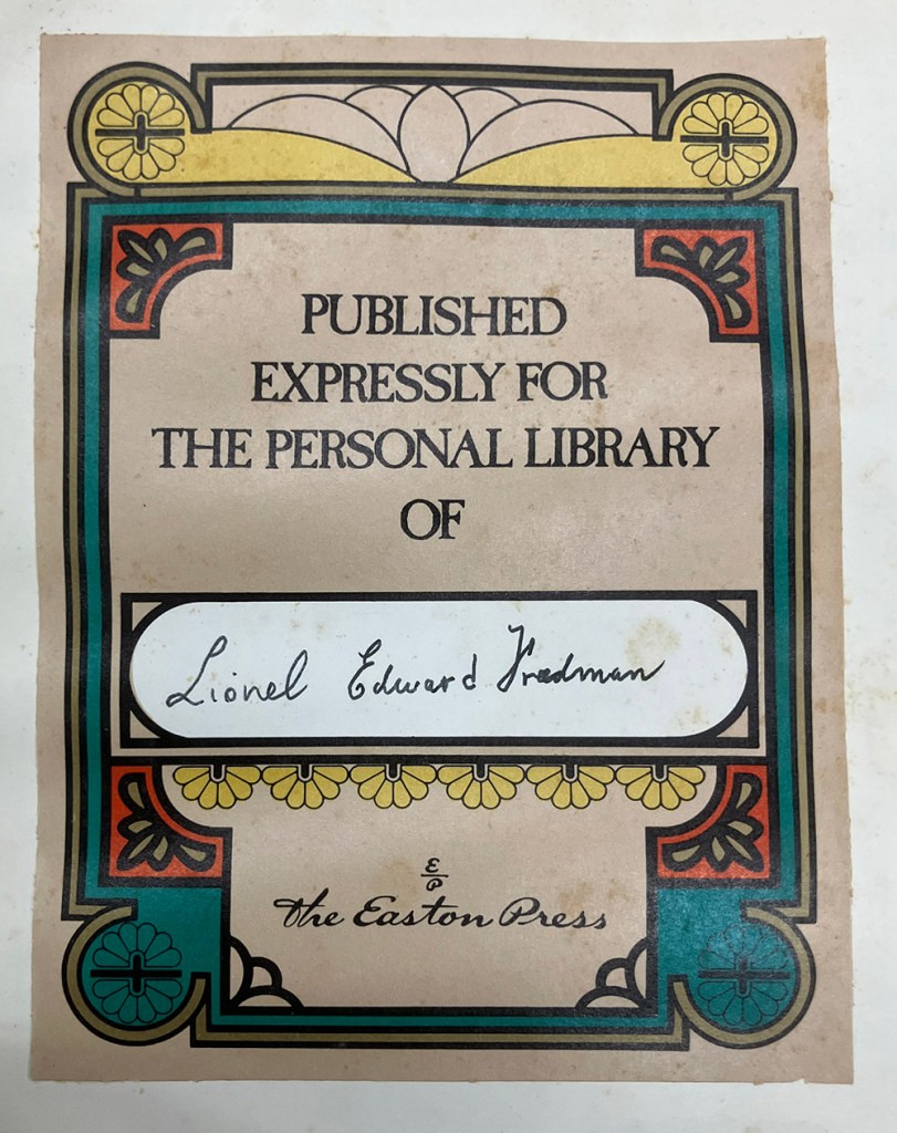 Personalised bookplate "Published Expressly for the Personal Library of Lionel Edward Fredman, The Easton Press"