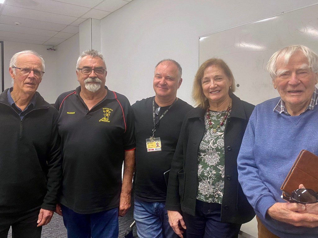 Spirit of Place (L-R) Allan Chawner, Uncle Warren Taggart, Gionni Di Gravio, Carol Carter, Doug Lithgow. 4 August 2025 [Photo: Dr Ann Hardy]