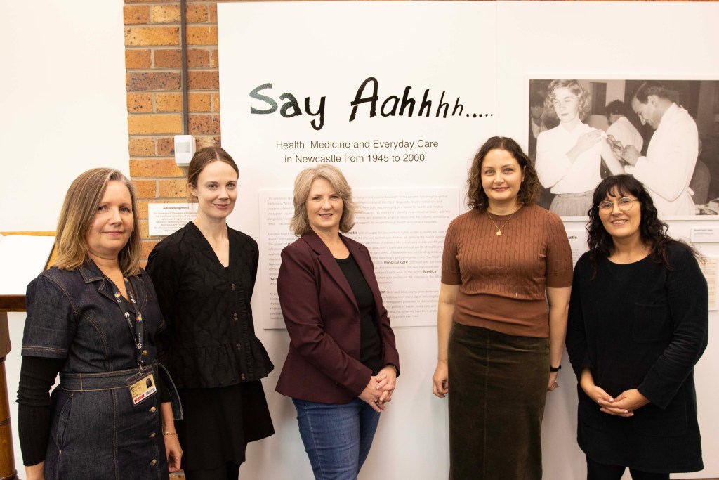 Say Aahhhh Exhibition Launch (L-R) Dr Ann Hardy, Associate Professor Elizabeth Roberts-Pedersen, Professor Catharine Coleborne and Dr Katy Sentas Dr Effie Karageorgos at ‘Say Aahhh ‘ Exhibition launch 18 July 2025, Auchmuty Library, Special Collections
