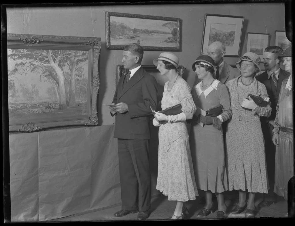 Mayor and Mayoress of Newcastle (Alderman and Mrs Parker) at an art exhibition, 16 November 1932. See: https://livinghistories.newcastle.edu.au/nodes/view/76518