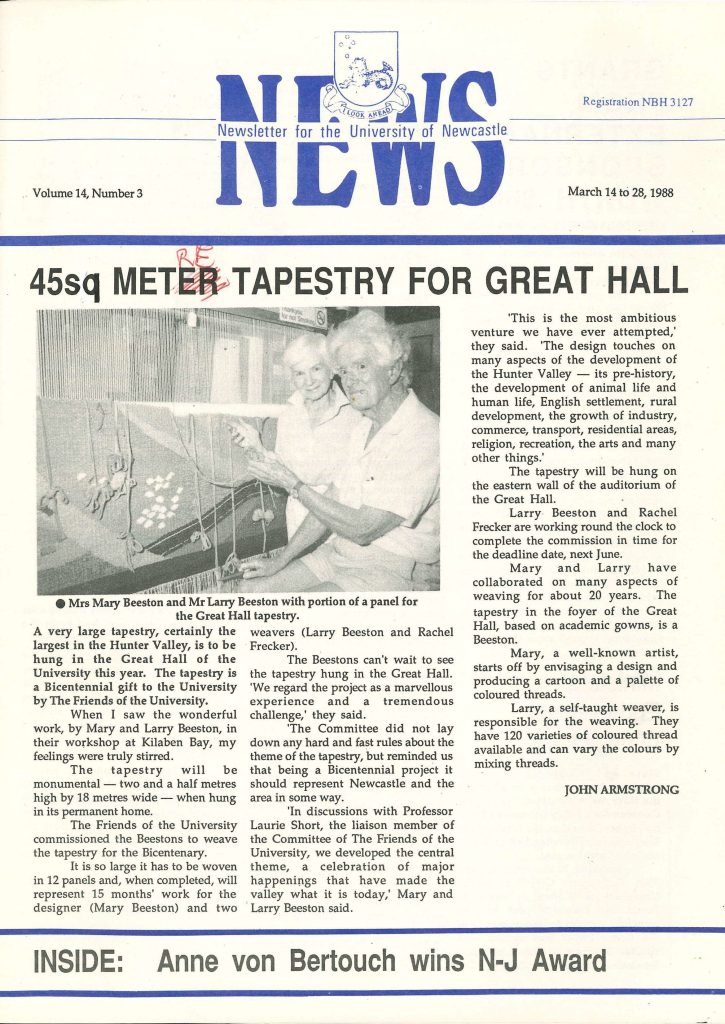 Newsletter for the University of Newcastle NEWS "45q Meter Tapestry for Great Hall" Volume 14, Number 3. March 14-28, 1988.