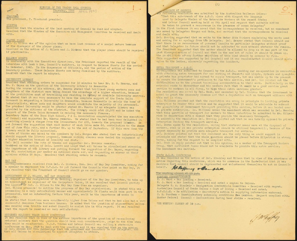 Minutes of the Newcastle Trades Hall Council 22 April 1943 (Archives Shelf Location A5122)