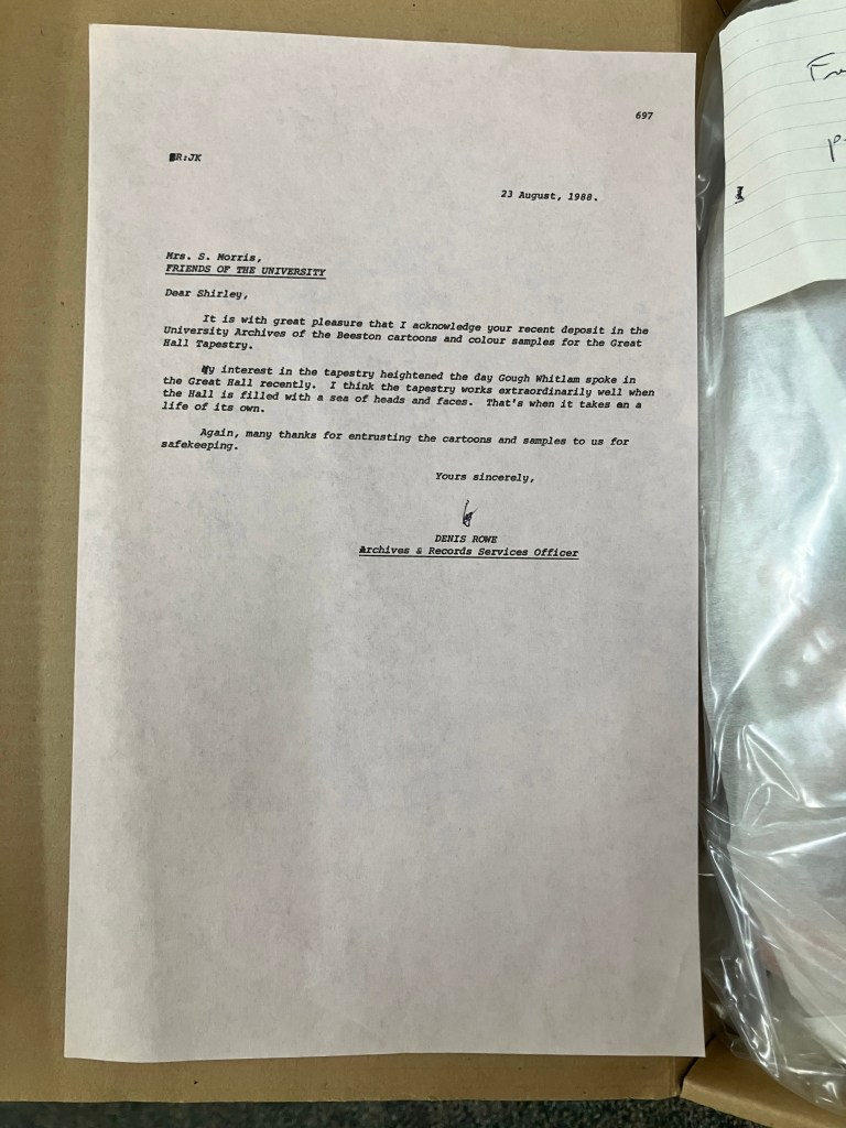 A6576 Letter accompanying Fibre colour samples of wool with cartoons used in the Great Hall by Mary and Norman Beeston, 1988