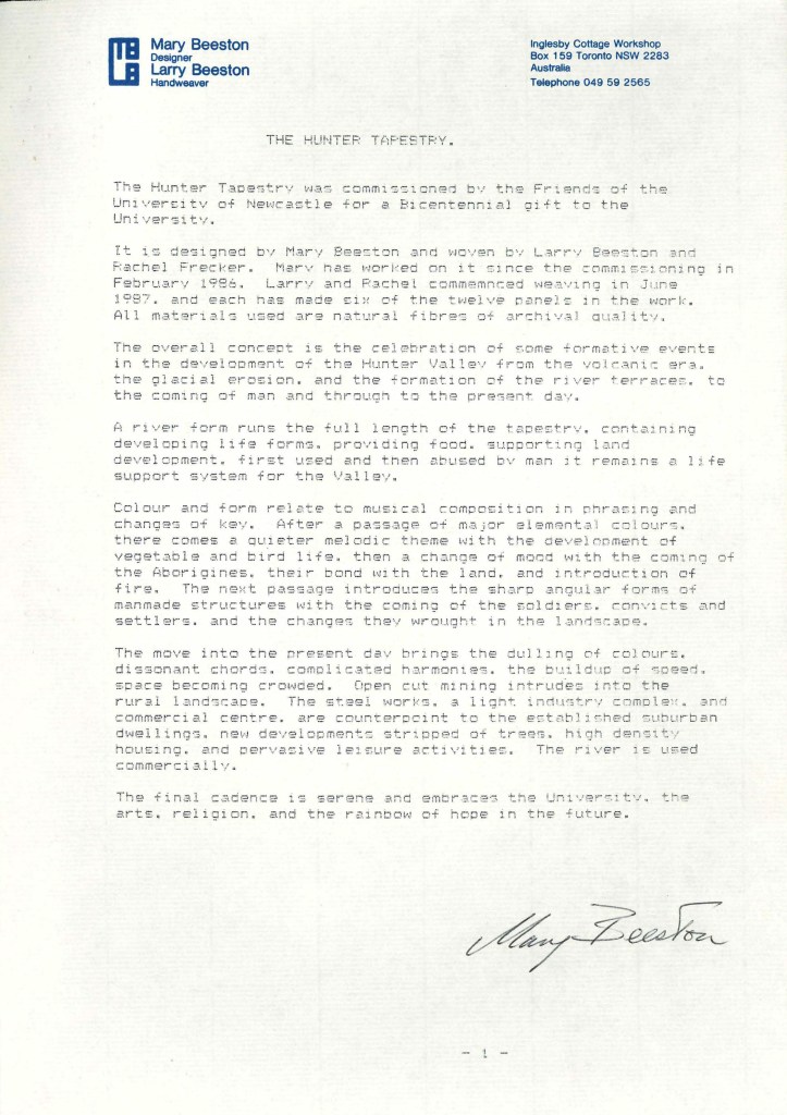 Mary Beeston Letter from A7862(x) Memoranda, plans and papers relating to Great Hall Tapestry, March, 1987 – July, 1988.