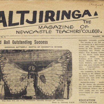 Altjiringa August 1951 Vol 3 No. 5 with Miss Betty Hill, one of the Debutantes emerging through a butterfly.