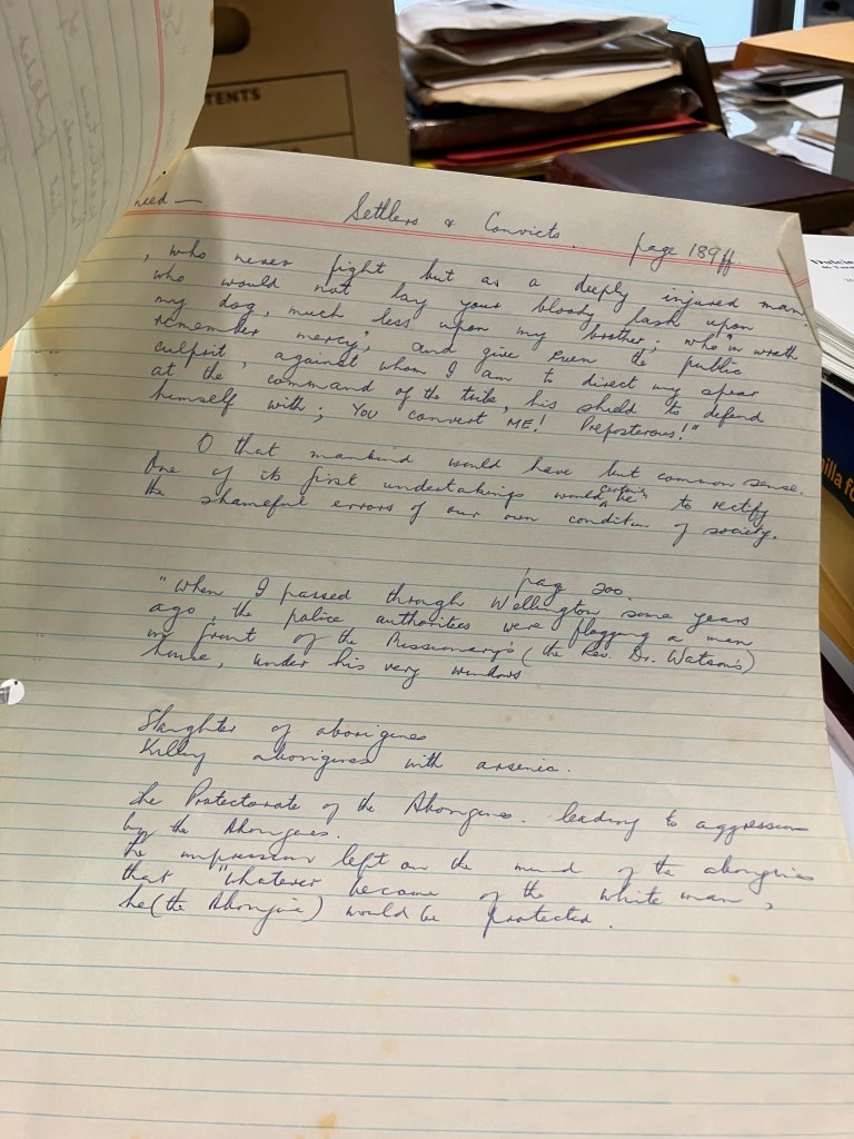 Dulcie Hartley's Notes (page 2) from "Settlers and Convicts" by "An Emigrant Mechanic" (Alexander Harris) 1837 on Aboriginal people reactions to our religion. (Dulcie Harley papers, University of Newcastle Australia)