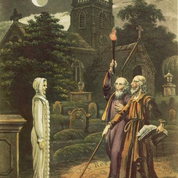 Necromancy: Edward Kelly, a magician, raising the Ghost of a Person lately deceased, in the Church Yard of Walton-le-dale, Lancaster, from 'The Astrologer of the Nineteenth Century' by Robert Cross (Hand Coloured Engraving Courtesy meisterdrucke)