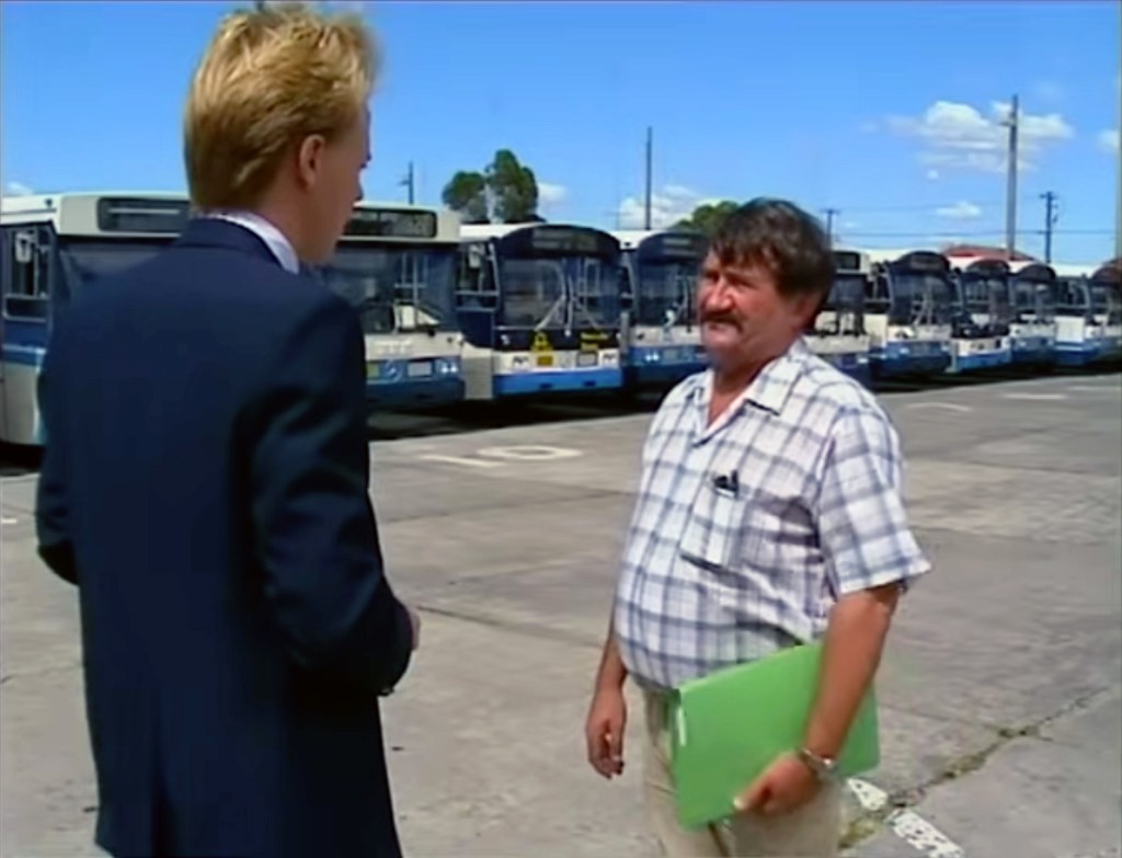 NBN Reporter Ross Hampton with Union representative, Don Williams, Hamilton Bus Depot (With Stuart Osland behind the camera) 28 December 1989, just prior to the Newcastle Earthquake.