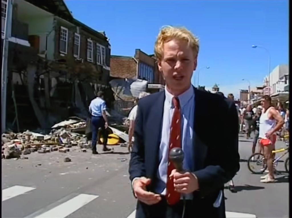 NBN Reporter Ross Hampton with with Stuart Osland behind the camera in Beaumont Street, Hamiton 28 December 1989, just after the Newcastle Earthquake.
