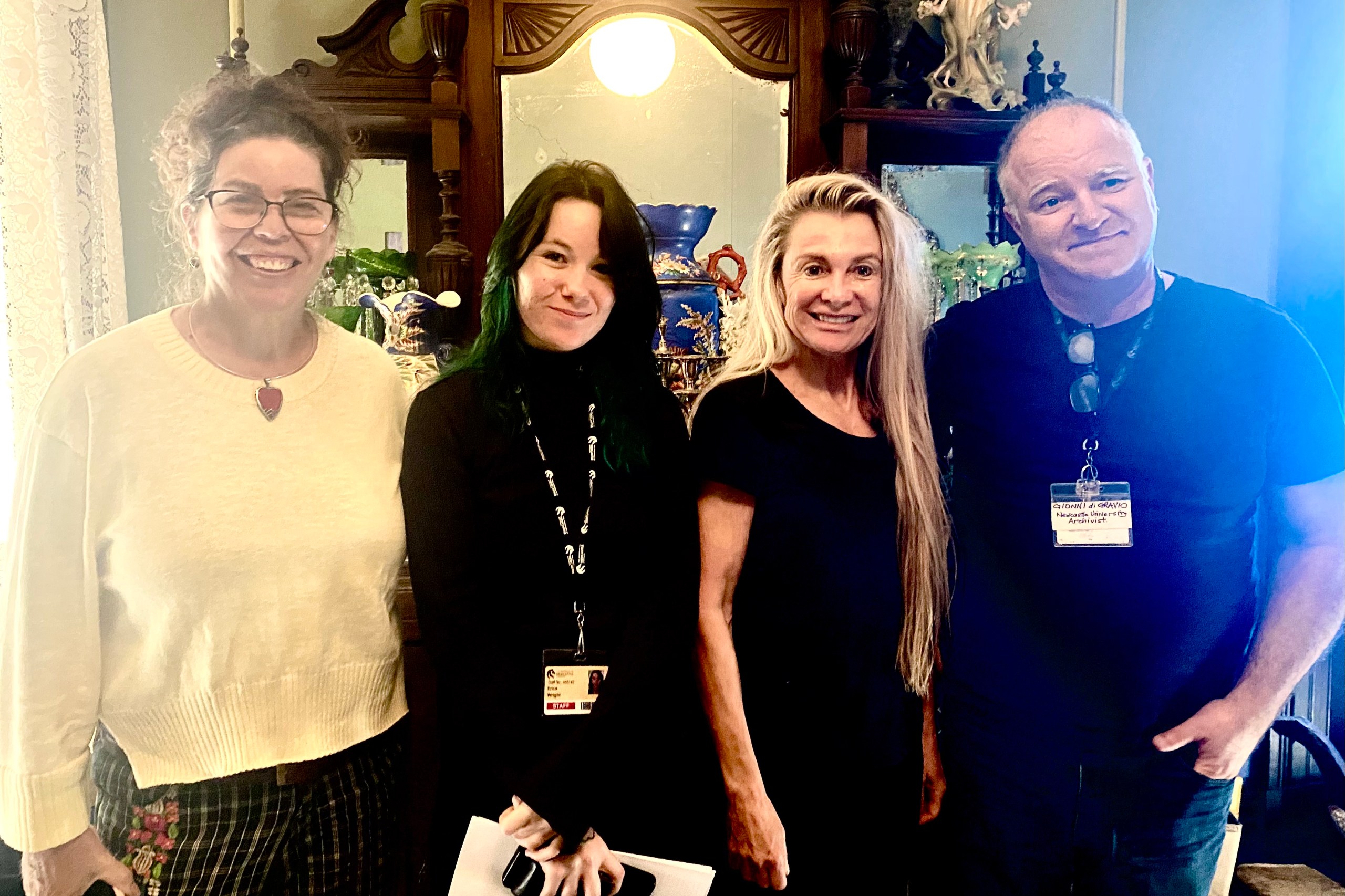 CINTRA HOUSE Project (L to R) Clare James (Maitland Council), Erica Wright (Vera Deacon Intern), Catherine Blanch (home owner) and Gionni di Gravio (University Archivist) visit Cintra House, Maitland. May 2025.