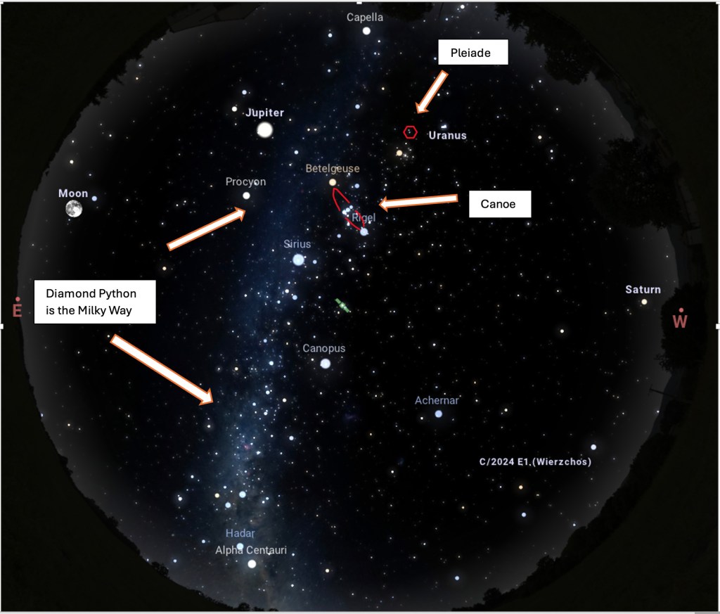 The Milky Way is a Diamond Python, and the canoe and three warriors on their way to Pleiades to search for wives.  