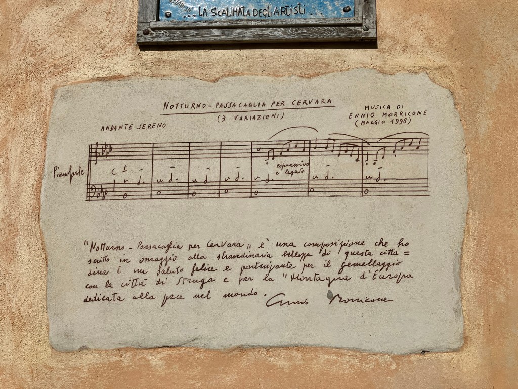 Notturno Passacaglia per Cervara by composer Ennio Morricone in May 1998 joins the many sculptures, artworks, poetry across the town.