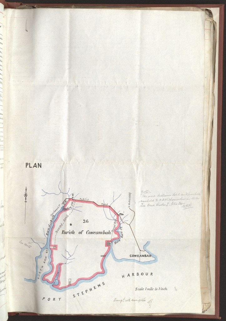 Plan of Parish of Coweambah (site of Pindimar) on Port Stephens Harbour (from B7949 Conveyance Book G No. 208