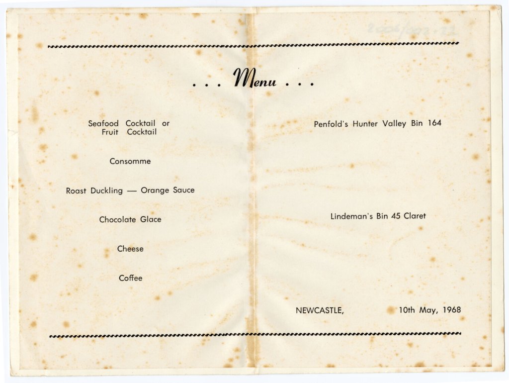 Front and Reverse of Menu Produced by the State Government Dockyard for the Launch of the BP Enterprise, May 10th, 1968.