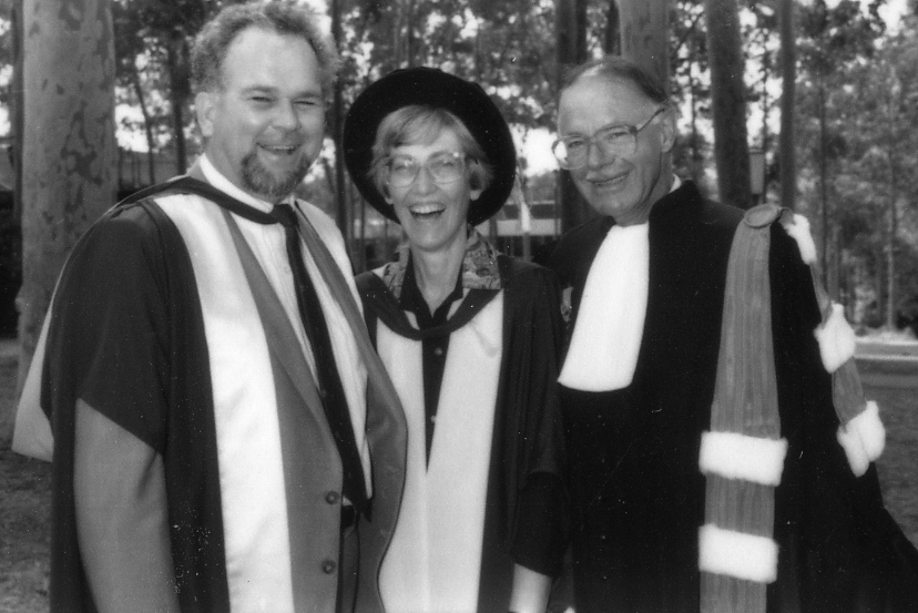 Professor John Ramsland with his wife Dr Marie Ramsland, who graduated at the graduation ceremony. They are joined by Professor Ken Dutton (r), the University of Newcastle, Australia - 1991
