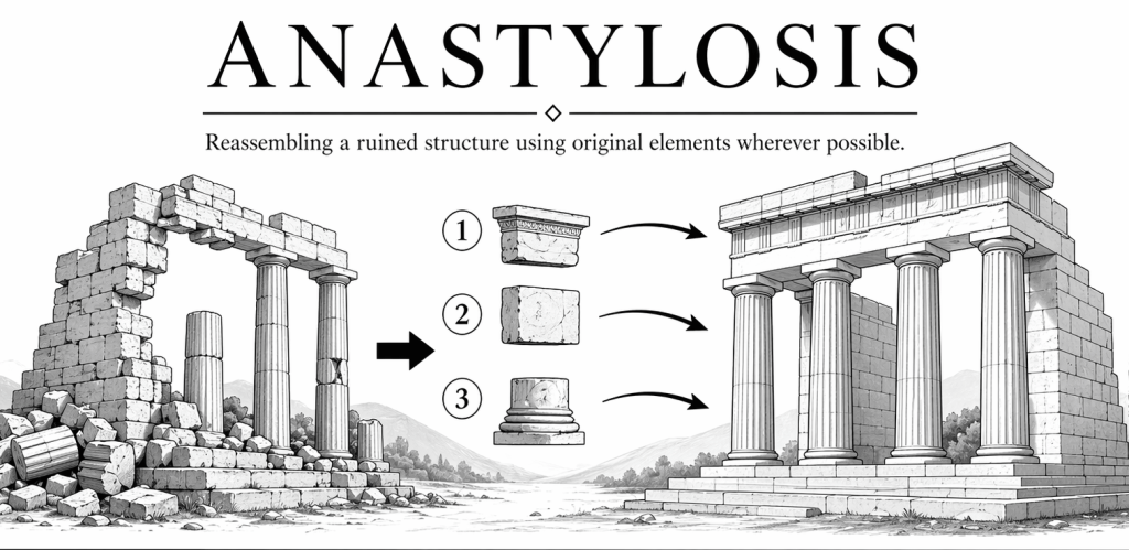 Anastylosis (from the Ancient Greek ana = "again", and stalóō = "to erect ) is a conservation term for a reconstruction technique.