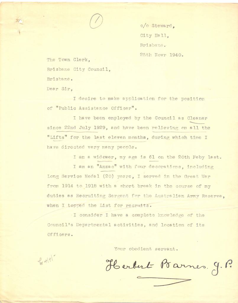 Herbert Barnes' Application to Brisbane City Council for the position of "Public Assistance Officer" 25 November, 1940. (Courtesy Brisbane City Council Archives)
