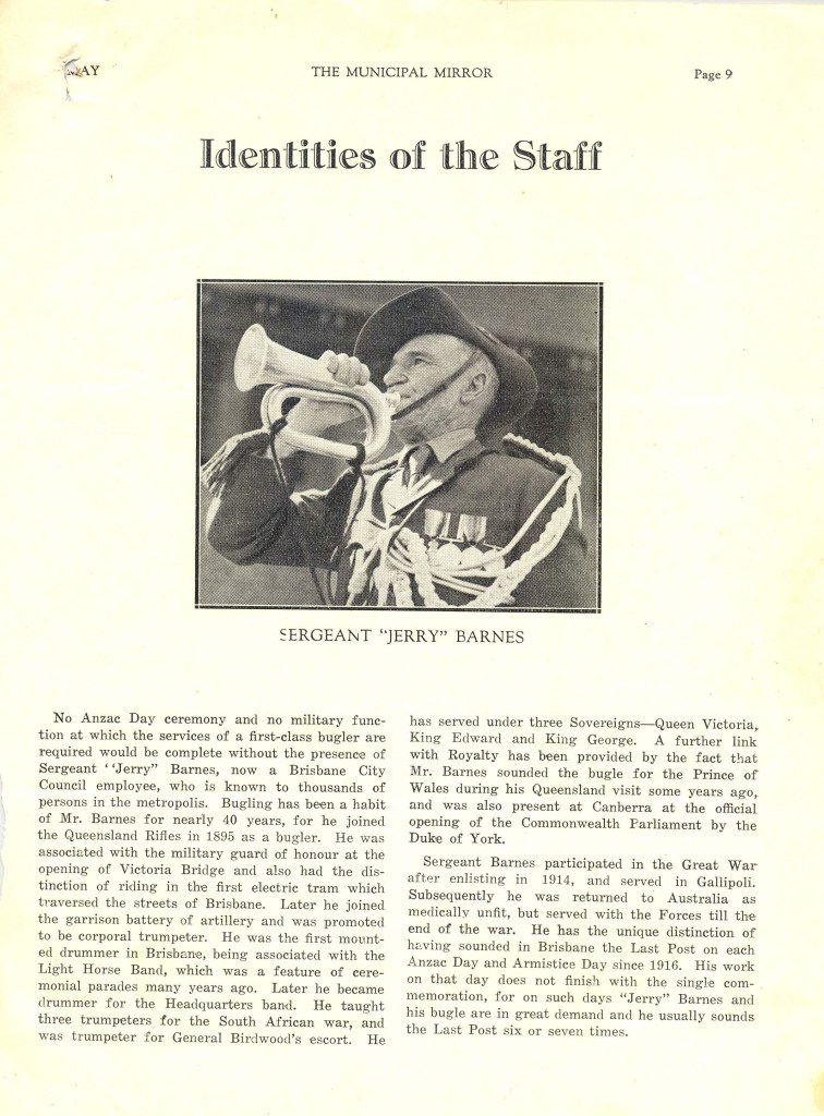 Sergeant "Jerry" Barnes, bugler. The Municipal Mirror, p.9 (c. 1940) [ Courtesy City Archives, Brisbane City Council)