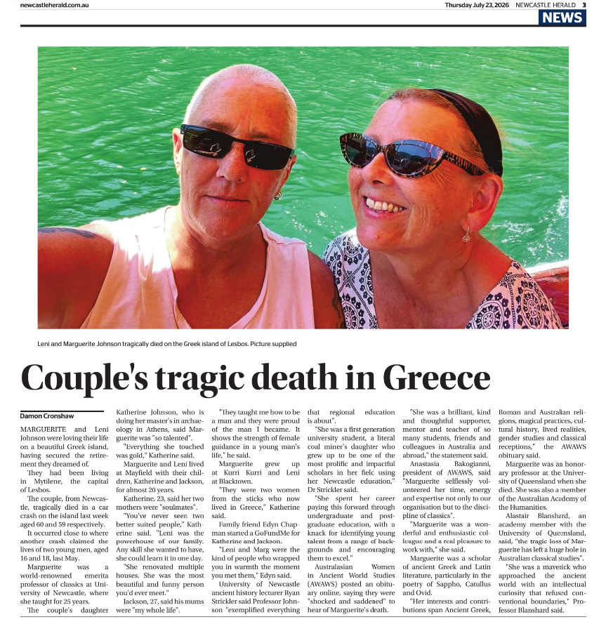 "Couple's Tragic Death in Greece" Newcastle Herald story by Damon Cronshaw. 23 July 2026 p.3