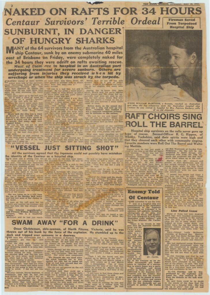 A8866(vii) Sydney Daily Mirror, Tuesday, May 18th, 1943, pp 1-2, reporting on the sinking of the hospital ship Centaur off Brisbane by a Japanese submarine.